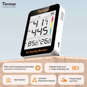 Temtop Air Quality Monitor with Indoor Thermometer & Thermo-Hygrometer – PM2.5, AQI, Temperature and Humidity Meter for Home, Office, Nursery, School, 60-Day Battery Life
