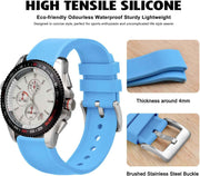 WOCCI 24mm Striped Silicone Watch Band, Replacement Strap with Brushed Silver Buckle (Blue)