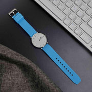 WOCCI 24mm Striped Silicone Watch Band, Replacement Strap with Brushed Silver Buckle (Blue)