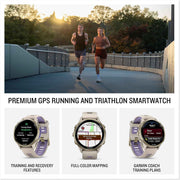 Garmin Forerunner 970 Running Smartwatch – GPS Fitness Watch for Men & Women, Soft Gold Titanium with French Gray/Translucent Indigo Band – Bundle with P-Bank & Accessories