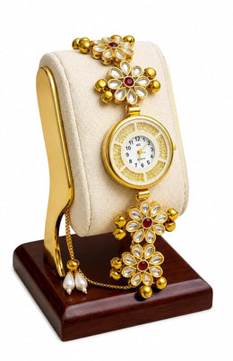 Kashmiri Kundan Wristwatch for Women | Ethnic Floral Bracelet Watch, Meenakari Work, Pearl Tassels