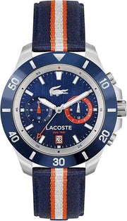 Lacoste Toronga Men’s Multifunction Watch – 44mm Stainless Steel Case, Navy Dial, Multicolor Nylon Strap, Quartz Movement, Water Resistant 50M