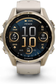 Garmin Fenix 8 43mm AMOLED Sapphire GPS Smartwatch – Premium Multisport Training Watch, Soft Gold with Fog Gray/Sandstone Band, Bundle with Accessories