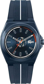 Lacoste Reno Men’s 3H Quartz Watch – 42mm Sporty Skeleton Dial, Blue Silicone Strap, Water Resistant 5ATM