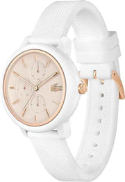 Lacoste 12.12 Women’s Multifunction Quartz Watch – Carnation Gold Dial, White Silicone Strap, Day-Date-24H Subdials, 36mm – Sporty Chic Timepiece
