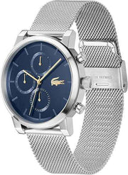 Lacoste Replay Men’s Multifunction Quartz Watch – Stainless Steel Case, Blue Dial with Silver Mesh Bracelet, 5 ATM Water Resistant, 43mm