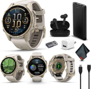Garmin Fenix 8 43mm AMOLED Sapphire GPS Smartwatch – Premium Multisport Training Watch, Soft Gold with Fog Gray/Sandstone Band, Bundle with Accessories