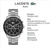 Lacoste Boston Men’s Chronograph Watch – 42mm Stainless Steel, Tachymeter Bezel, Water Resistant 5ATM, Quartz Movement