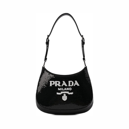 Prada Women's Cleo Black and White Sequin Milano Logo Mini Shoulder Bag – Luxury Leather Handbag 1BC169