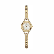 GUESS Petite Gold-Tone Crystal Bracelet Watch | 22mm Case with White Dial & Roman Numerals | Elegant Women’s Quartz Analog Watch