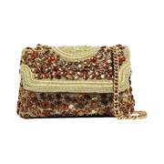 Tory Burch Fleming Soft Crochet Jeweled Convertible Shoulder Bag – Gold Brown Leather, Push Lock Closure, Crossbody Strap